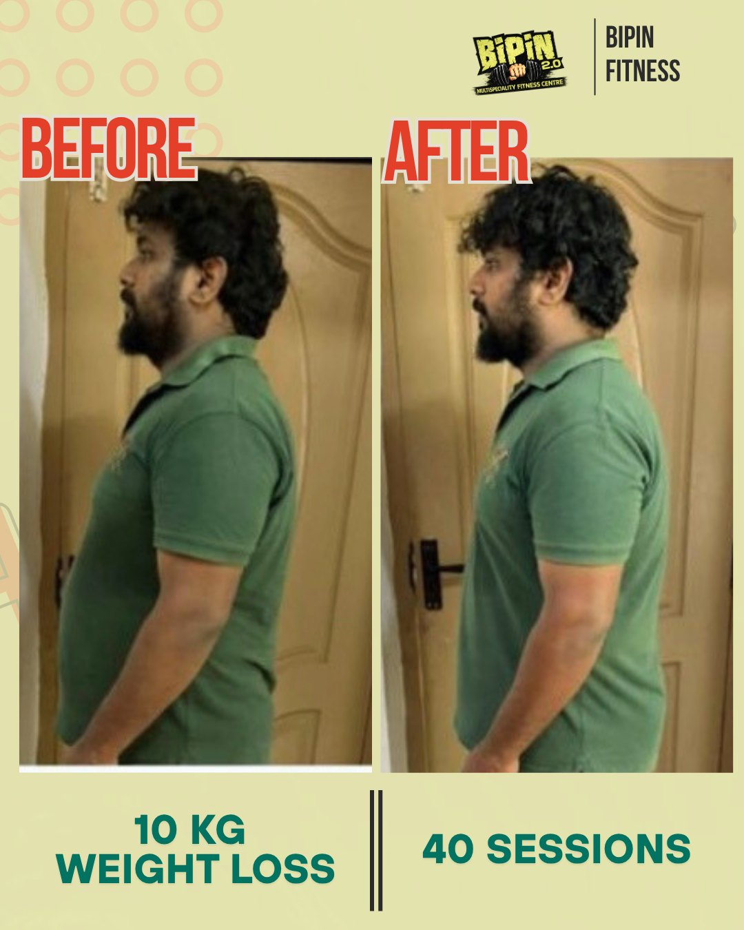 Before and after photo of Client 05, a Bipin Fitness member who lost 10 KG in 40 sessions