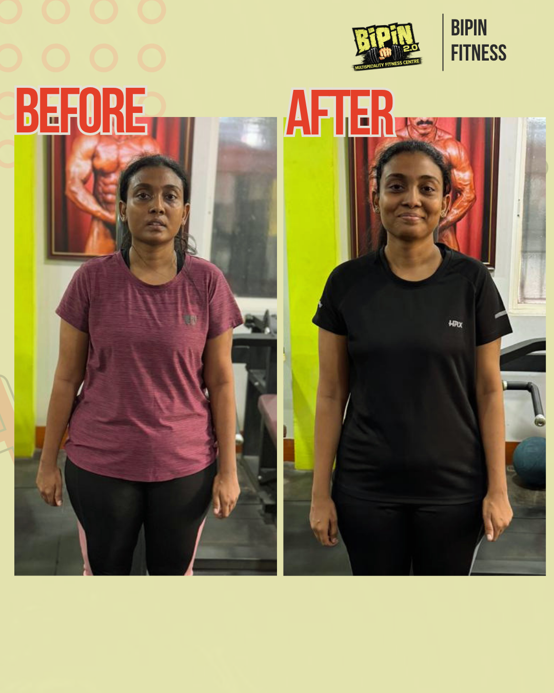 Before and after photo of Client 19, a Bipin Fitness member who lost Weight Loss in Progress tracked