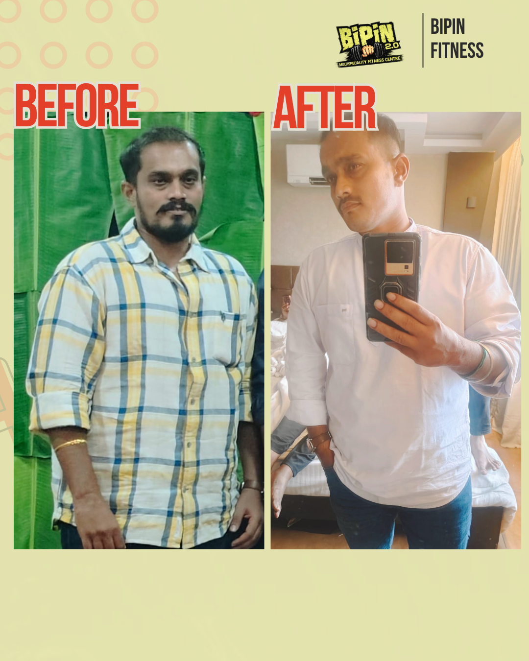 Before and after photo of Client 23, a Bipin Fitness member who lost Weight Loss in Progress tracked