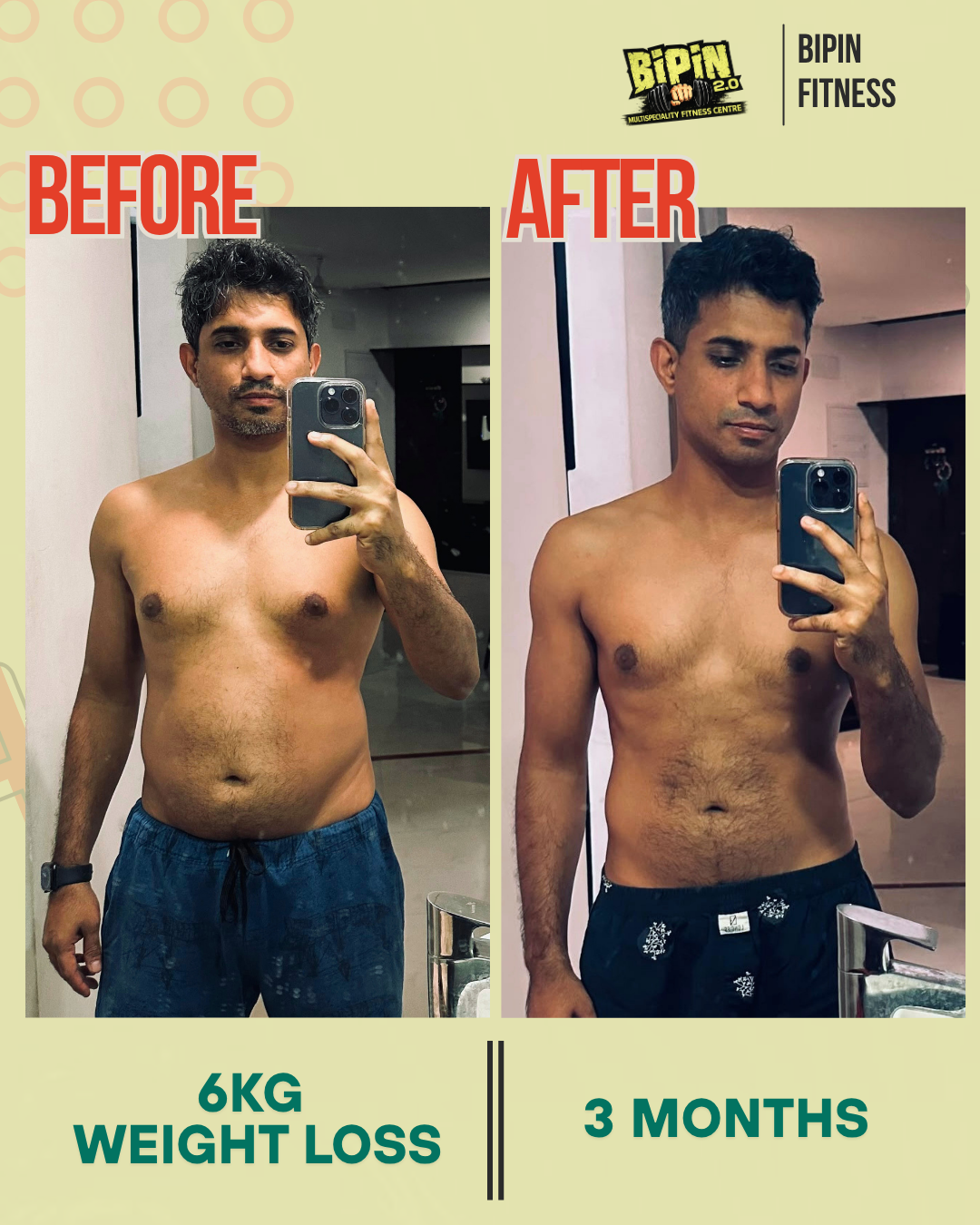 Before and after photo of Client 01, a Bipin Fitness member who lost 6 KG in 3 months