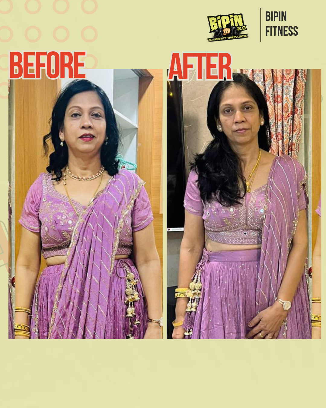 Before and after photo of Client 10, a Bipin Fitness member who lost Body Recomposition in Progress tracked