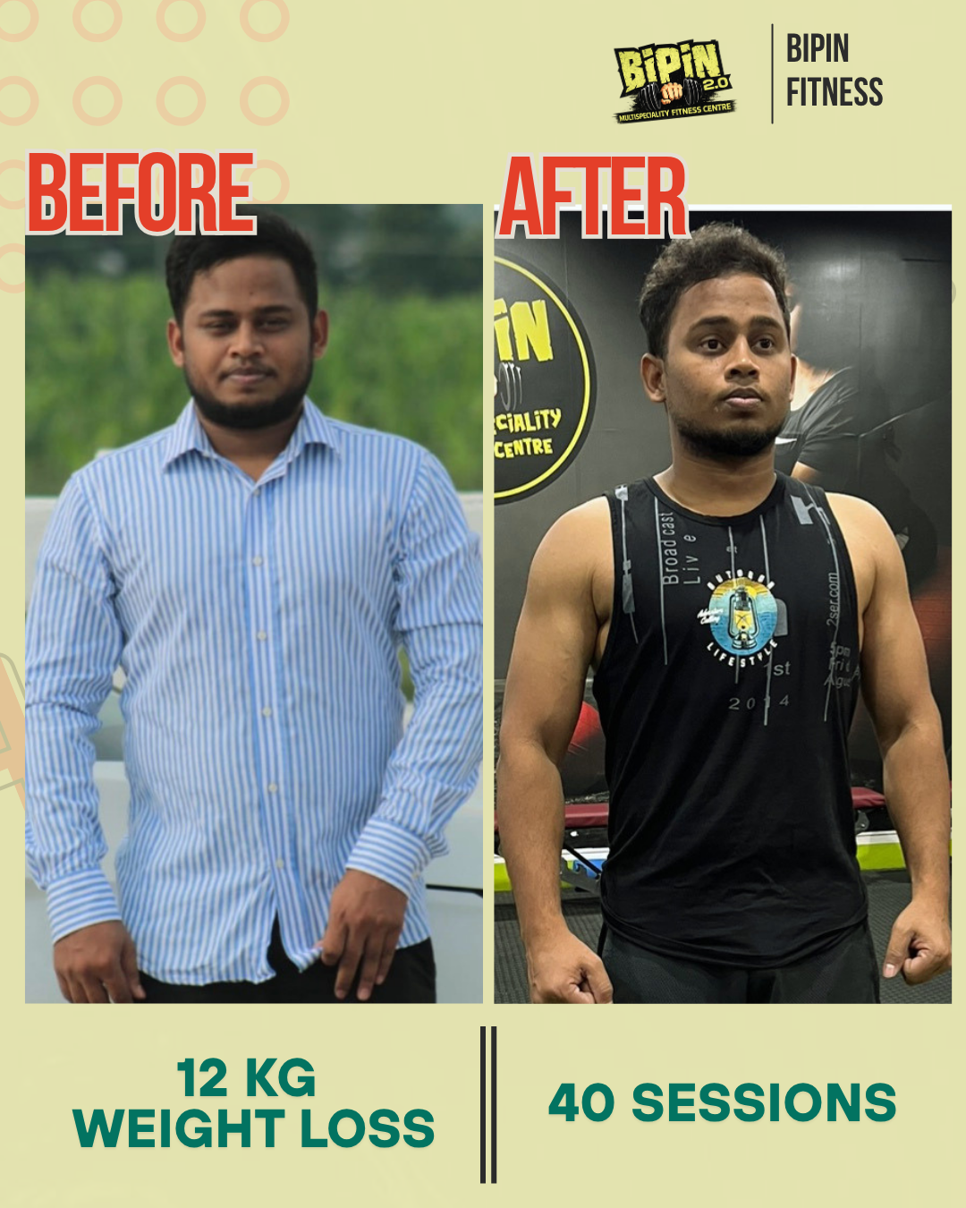 Before and after photo of Client 03, a Bipin Fitness member who lost 12 KG in 40 sessions