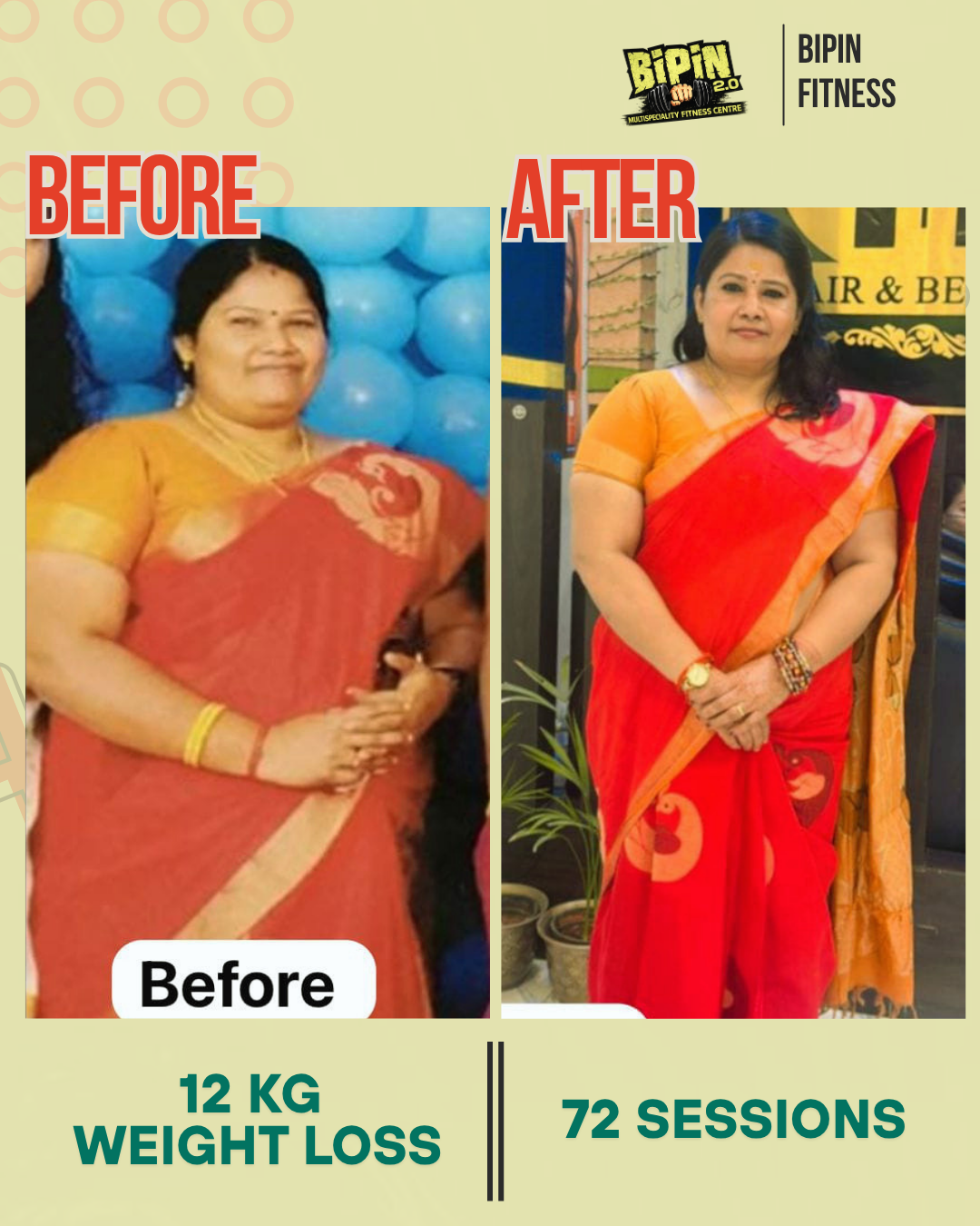 Before and after photo of Client 07, a Bipin Fitness member who lost 12 KG in 72 sessions