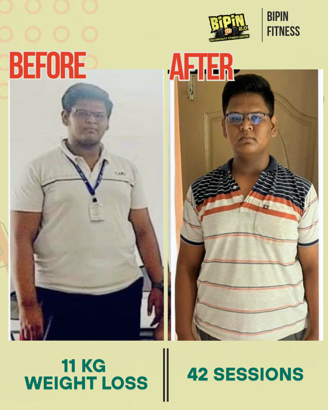Before and after photo of Client 14, a Bipin Fitness member who lost 11 KG in 42 sessions