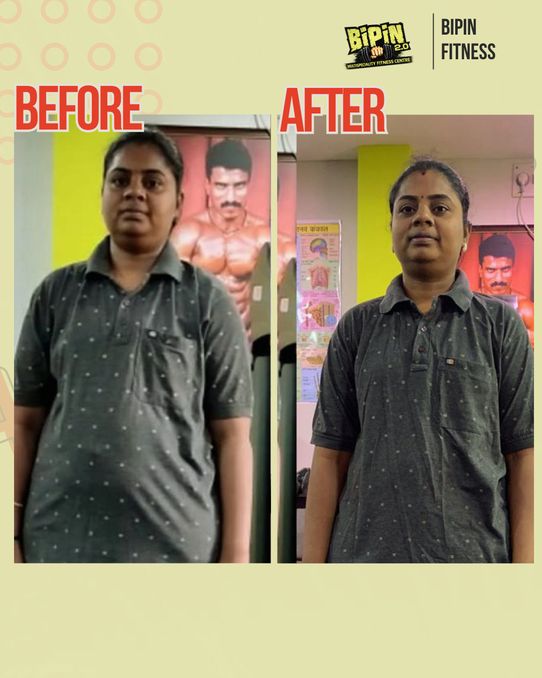 Before and after photo of Client 21, a Bipin Fitness member who lost Weight Loss in Progress tracked