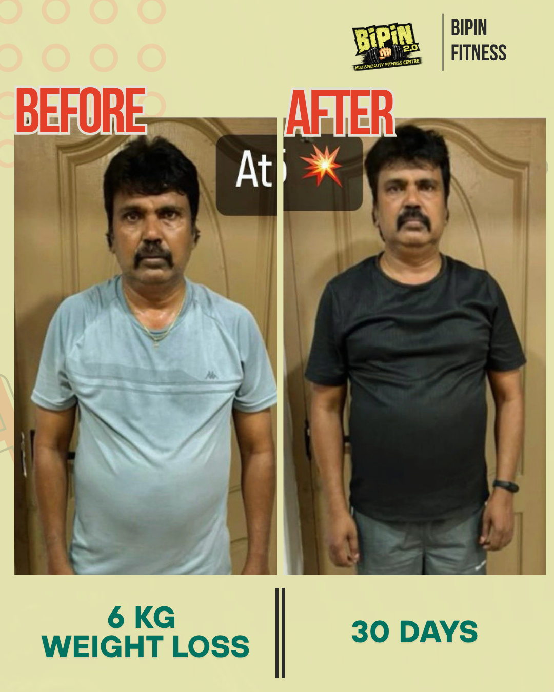 Before and after photo of Client 11, a Bipin Fitness member who lost 6 KG in 30 days