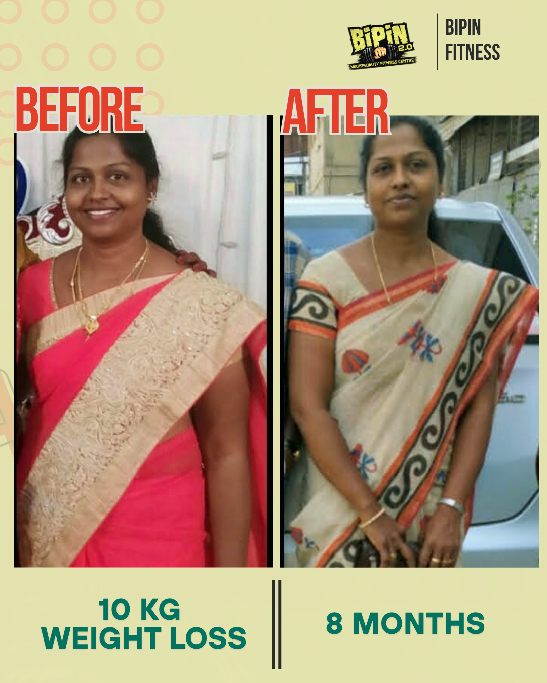 Before and after photo of Client 06, a Bipin Fitness member who lost 10 KG in 8 months