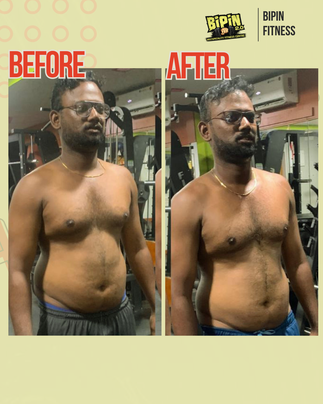 Before and after photo of Client 18, a Bipin Fitness member who lost Visible Fat Loss in Progress tracked