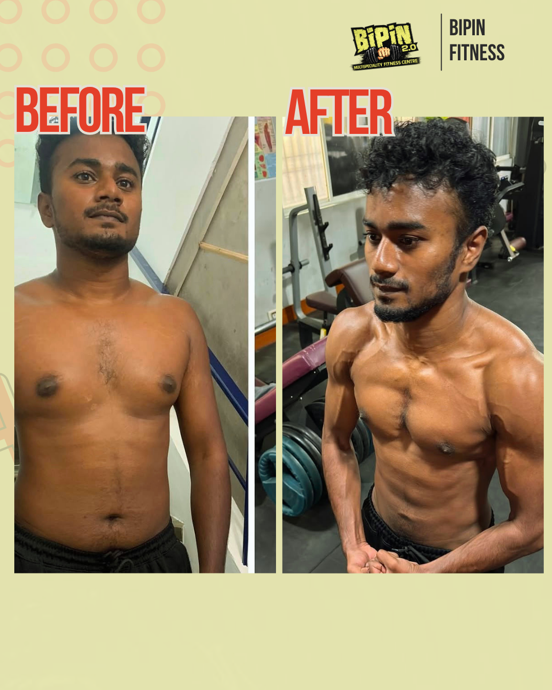 Before and after photo of Client 04, a Bipin Fitness member who lost Muscle Gain in 6 months