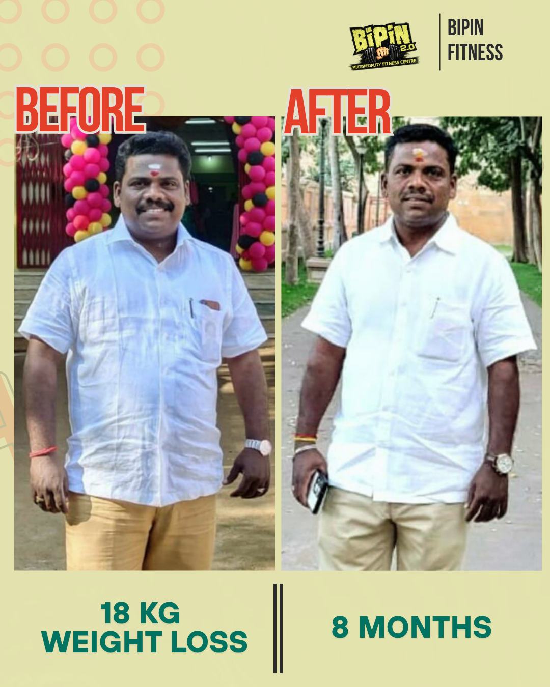 Before and after transformation of a Bipin Fitness member — -18 kg · 8 months