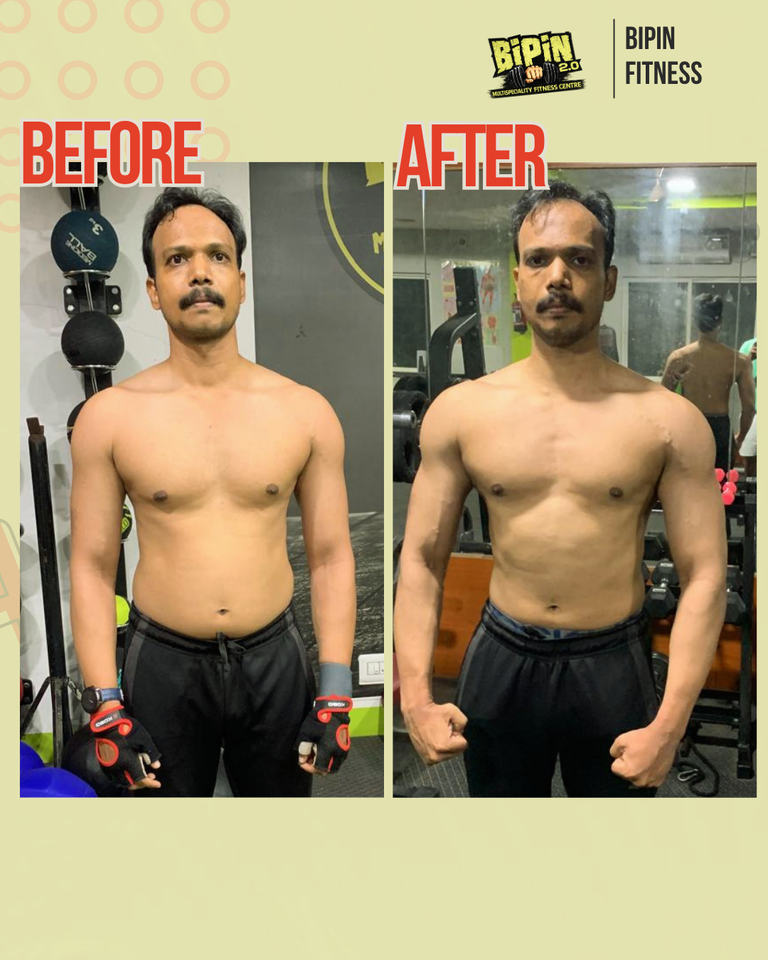 Before and after photo of Client 20, a Bipin Fitness member who lost Muscle Gain in Progress tracked