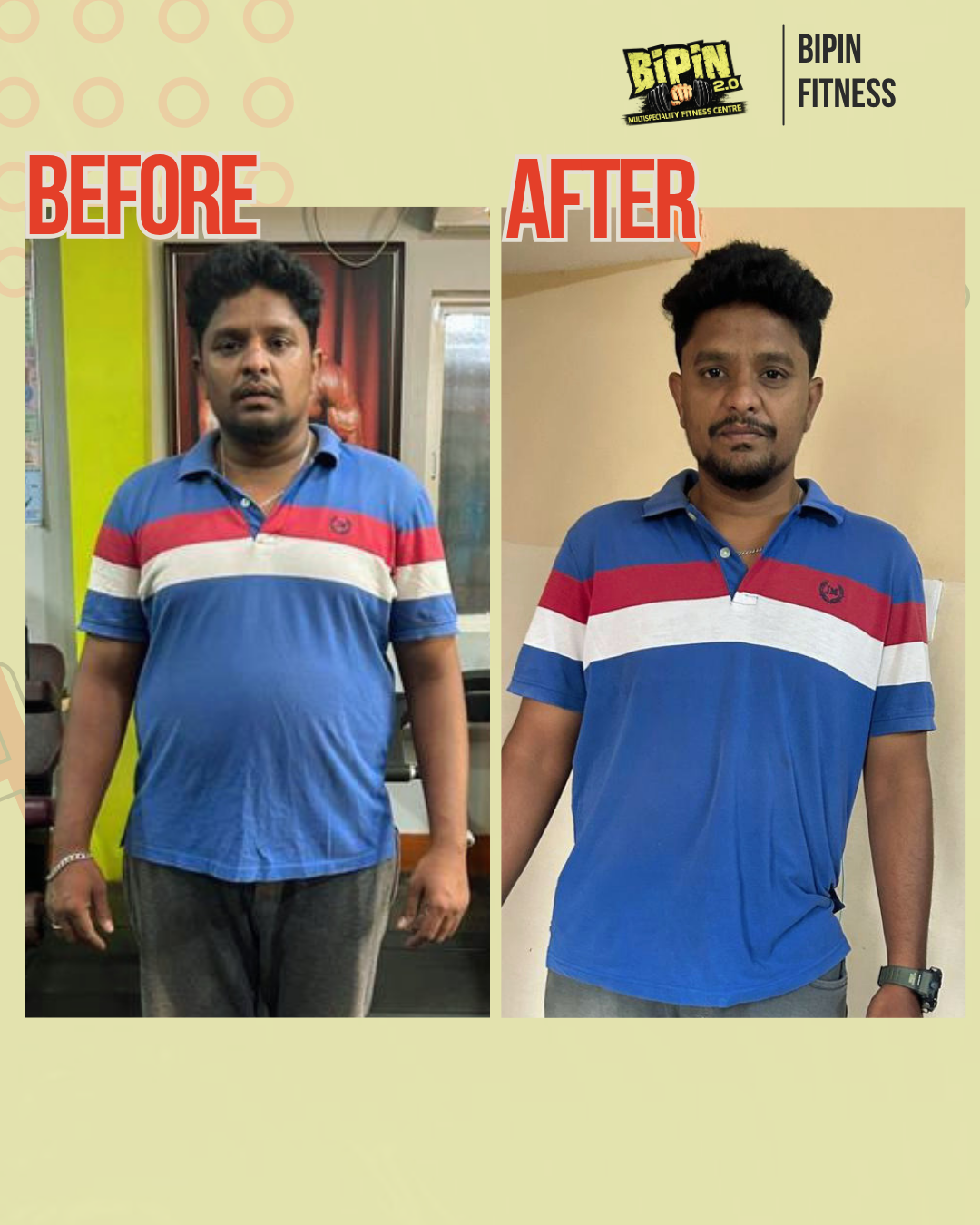 Before and after photo of Client 22, a Bipin Fitness member who lost Visible Fat Loss in Progress tracked