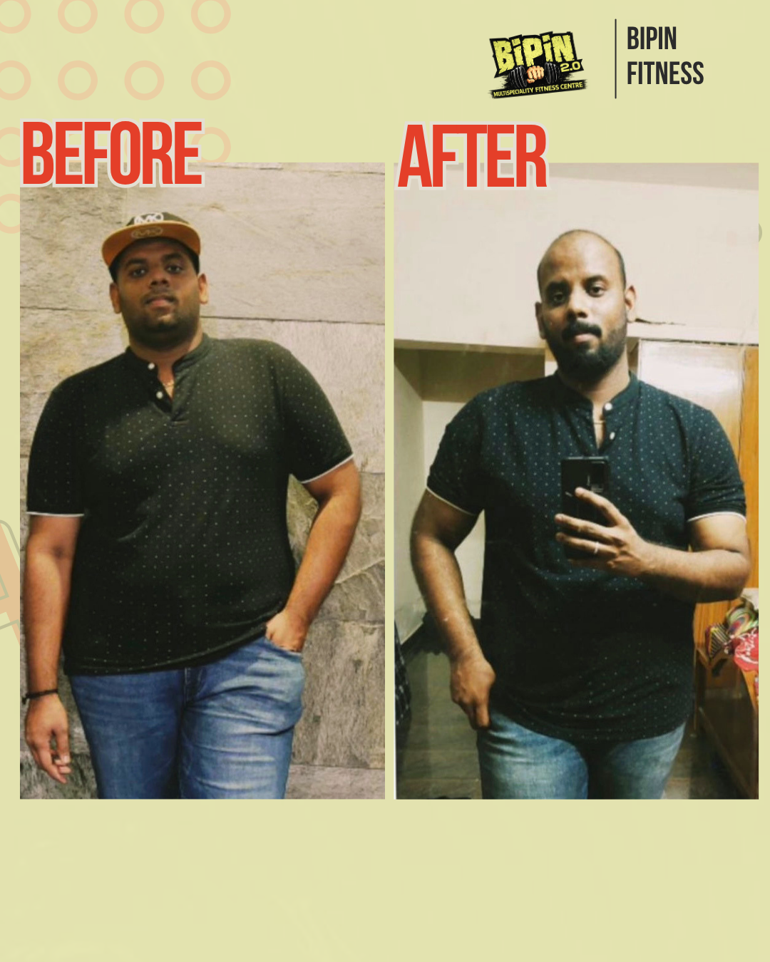 Before and after photo of Client 13, a Bipin Fitness member who lost Weight Loss in Progress tracked